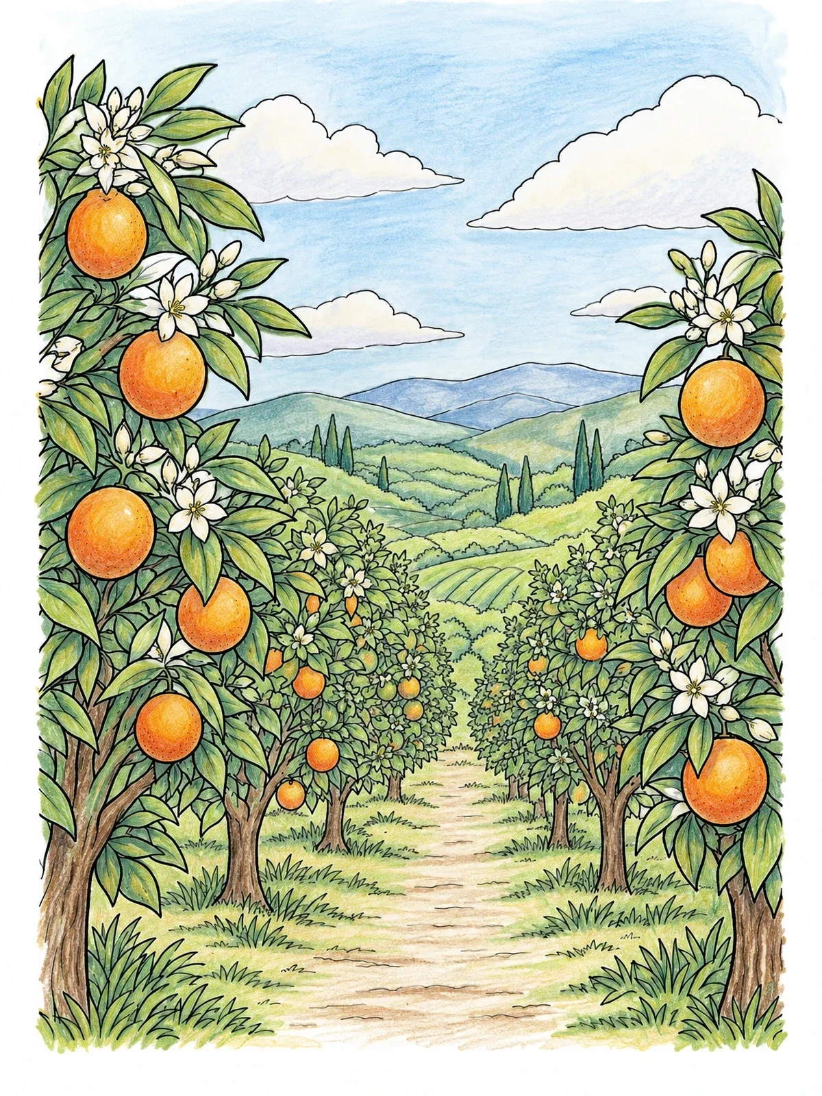 Colored example of the Sunlit Orange Orchard Grove coloring page