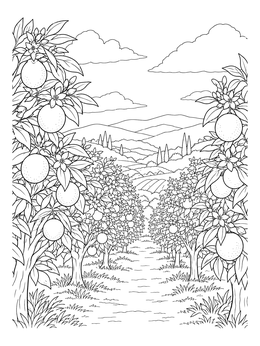 Path through an orange coloring page grove leading toward rolling hills under a cloudy sky.