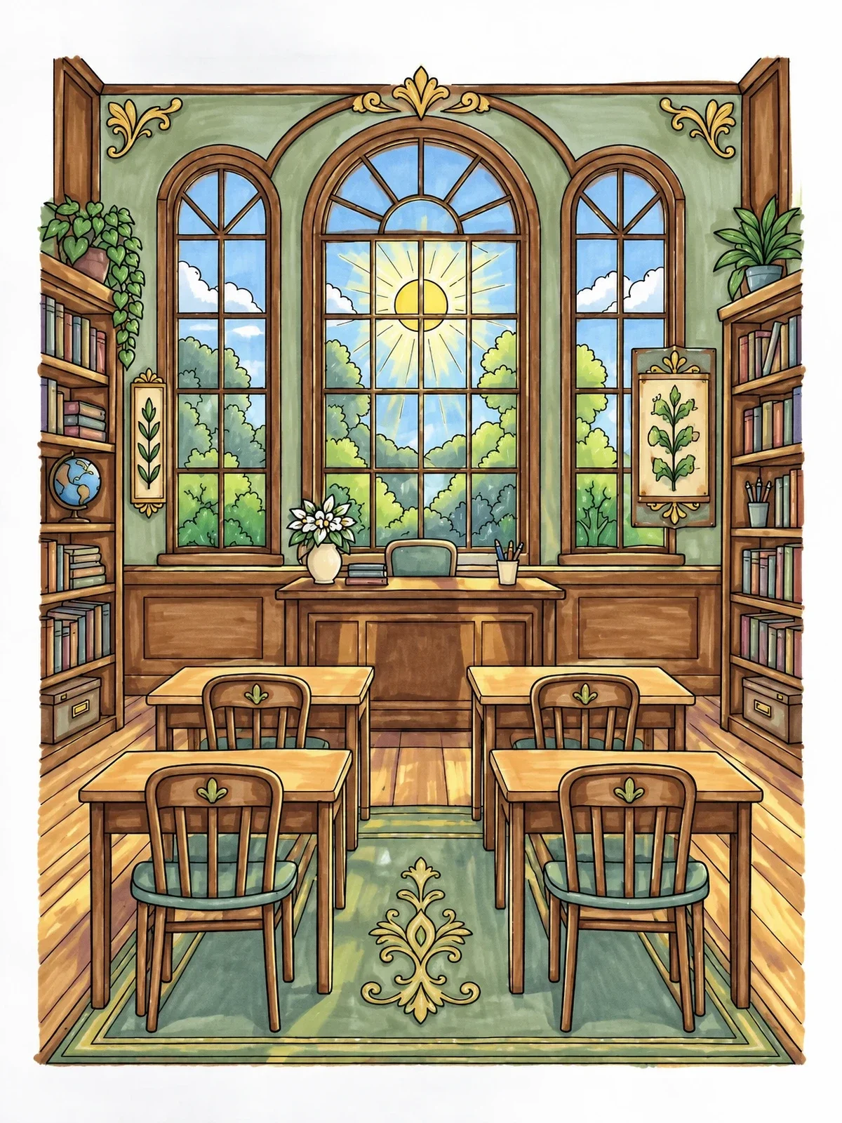 Colored example of the Sunlit Vintage Classroom With Bookshelves coloring page