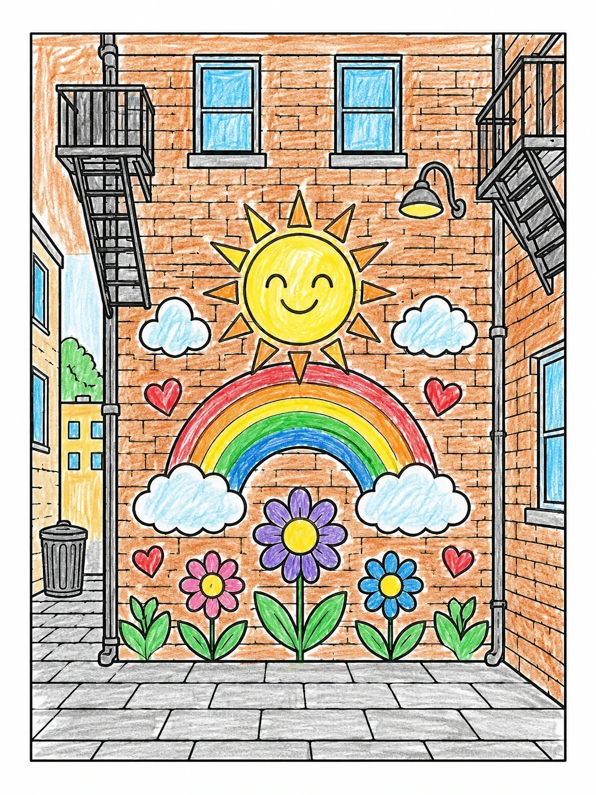 Colored example of the Sunny Alleyway Brick Wall Mural coloring page