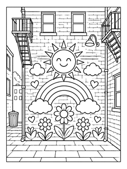 Free printable Sunny Alleyway Brick Wall Mural coloring page