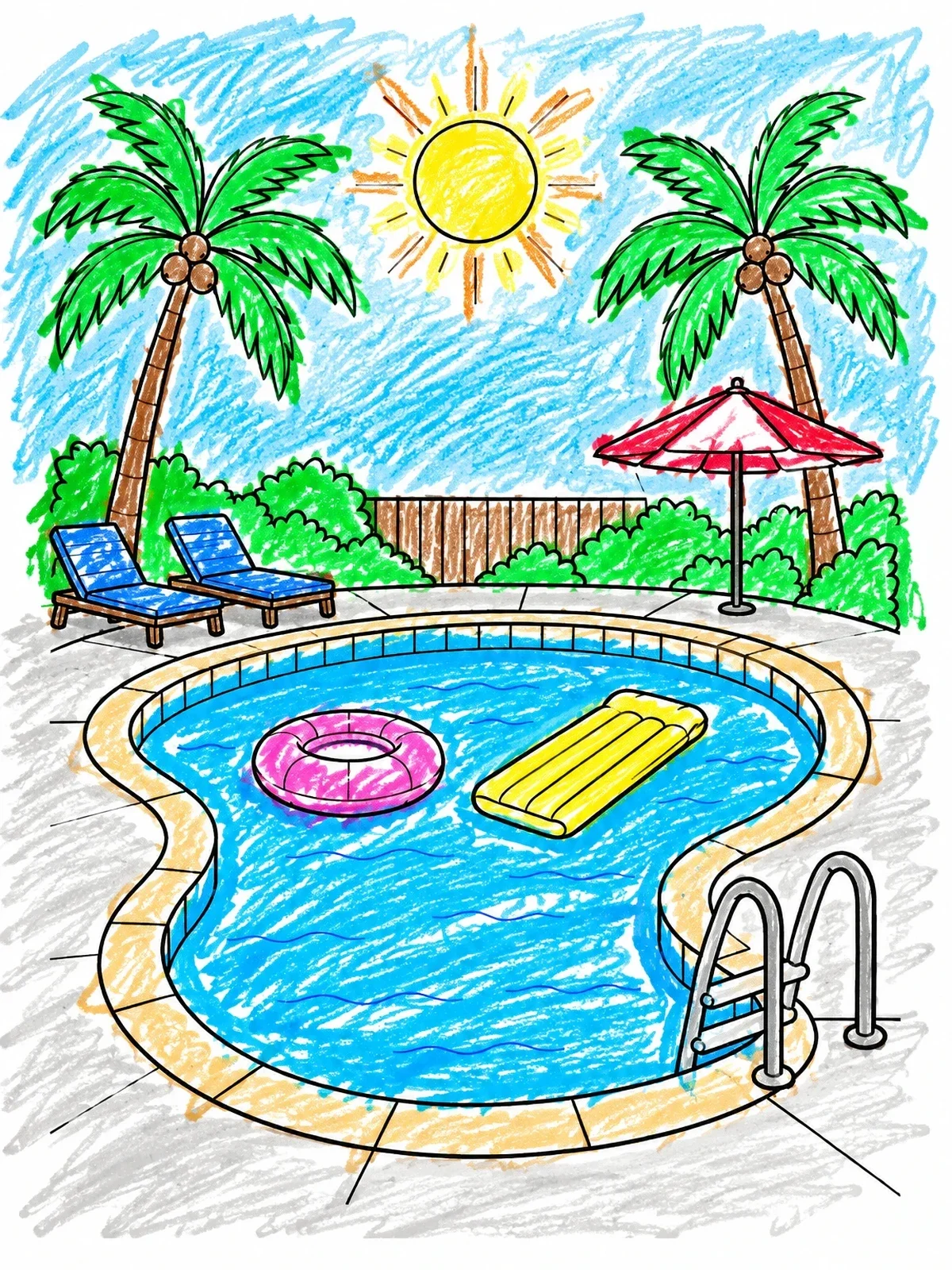 Colored example of the Sunny Backyard Swimming Pool Scene coloring page