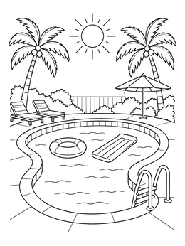 A sunny backyard swimming pool coloring page with palm trees, lounge chairs, and pool floats.