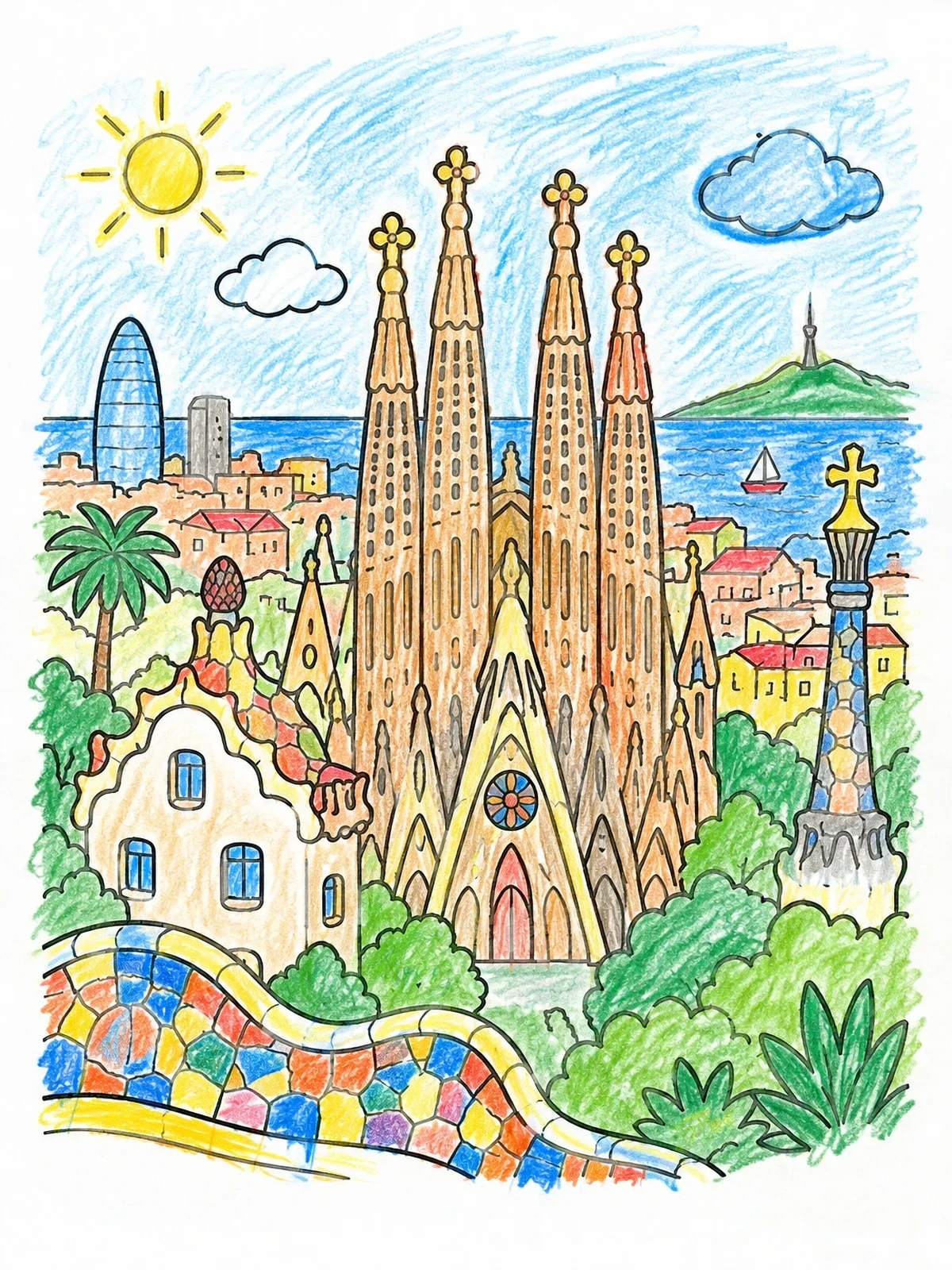 Colored example of the Sunny Barcelona Cityscape And Landmarks coloring page