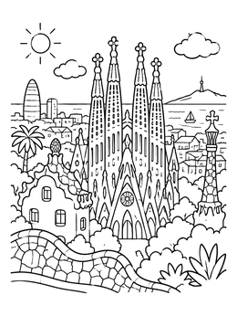 Free printable Sunny Barcelona Cityscape And Landmarks coloring page