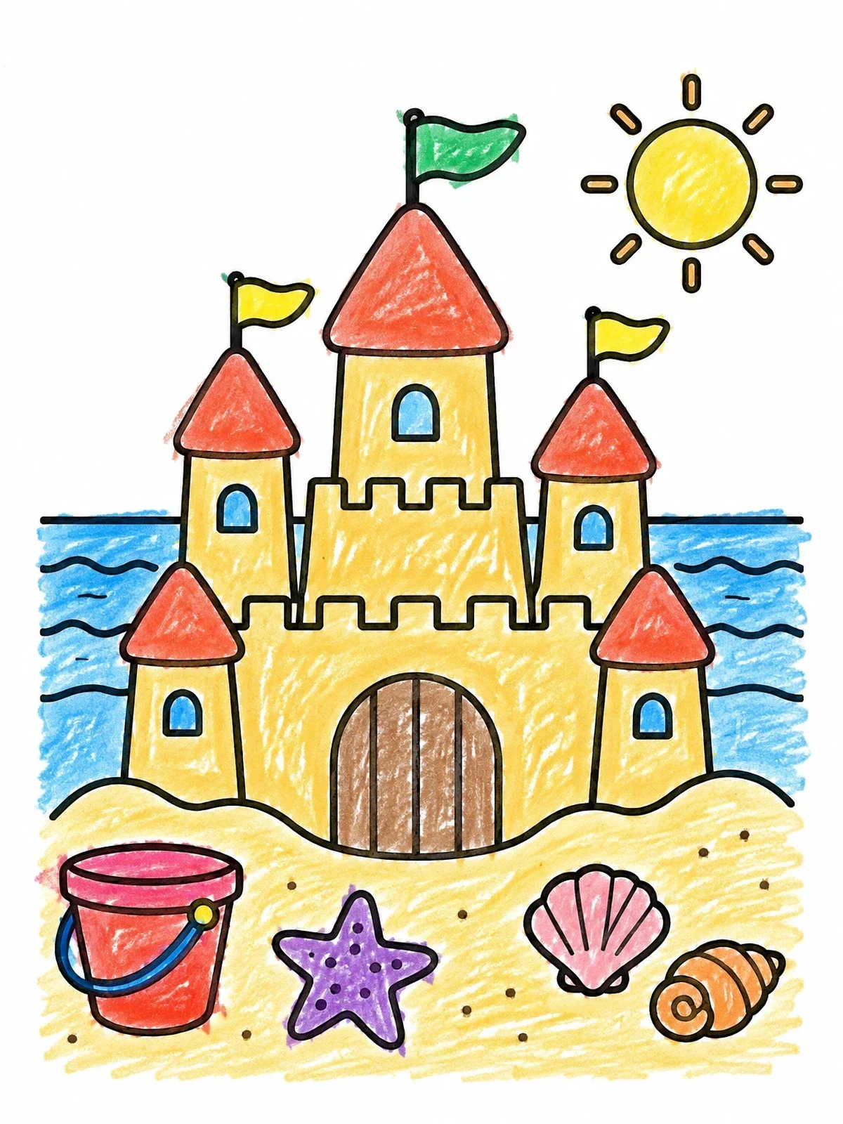 Colored example of the Sunny Beach Sandcastle With Seashells coloring page