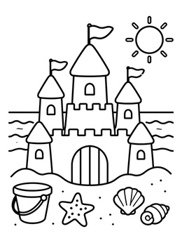 Free printable Sunny Beach Sandcastle With Seashells coloring page