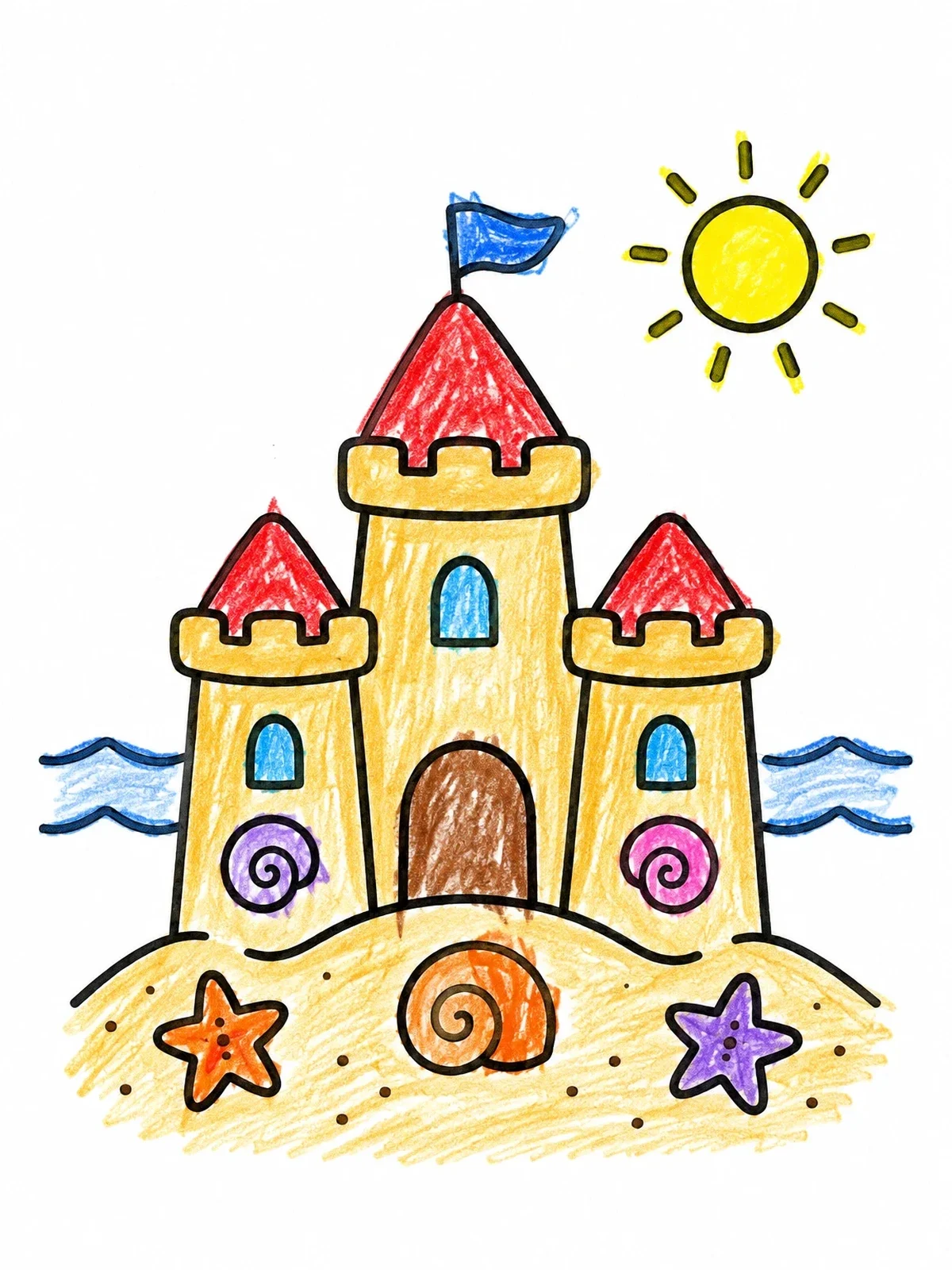 Colored example of the Sunny Beach Sandcastle With Shells coloring page
