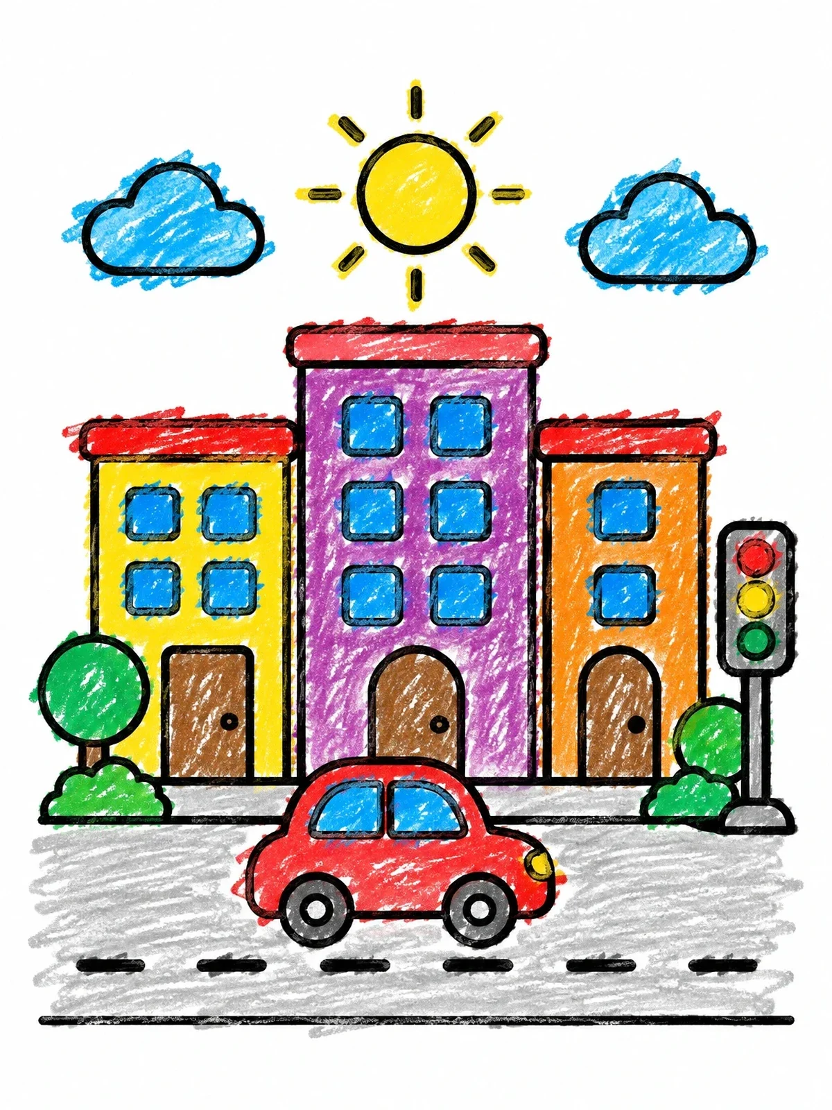 Colored example of the Sunny City Street With Car coloring page