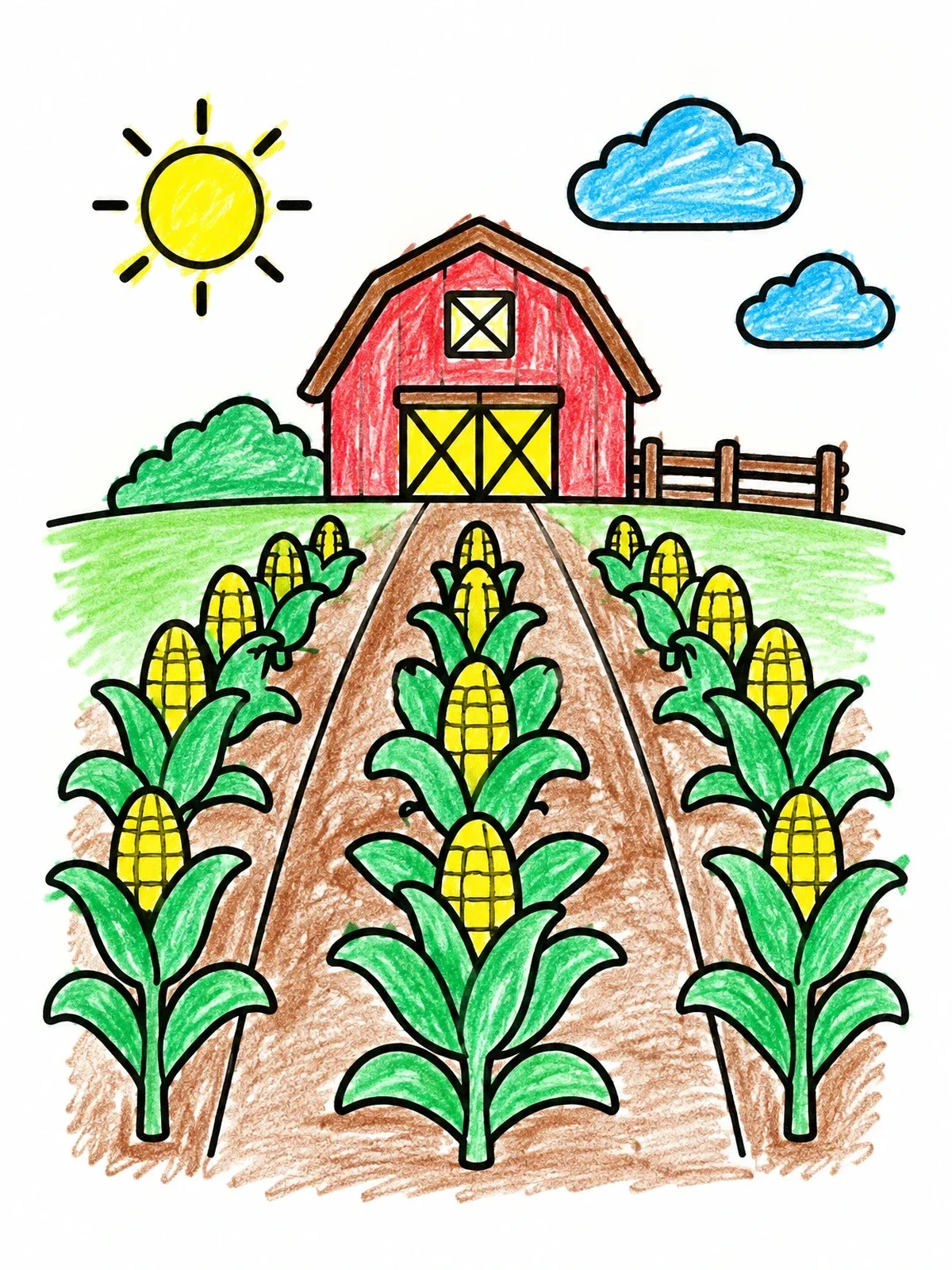 Colored example of the Sunny Cornfield And Barn coloring page