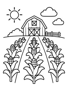 A sunny corn coloring page showing neat crop rows leading to a classic wooden barn.