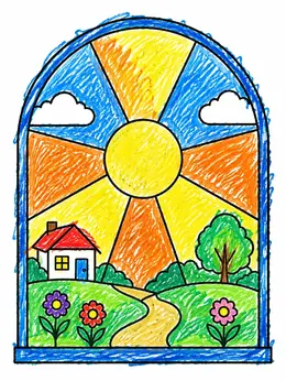 Sunny Countryside Stained Glass Window Coloring Page