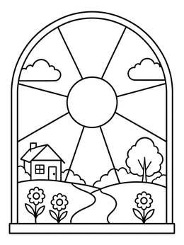 A sunny landscape inside an arched stained glass coloring page with a cottage and flowers.