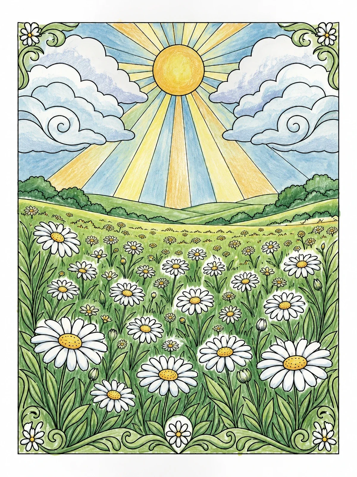 Colored example of the Sunny Daisy Meadow Landscape coloring page