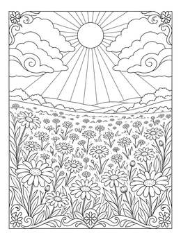A sunny daisy flower coloring page featuring a meadow under clouds.