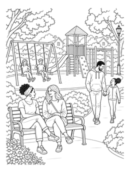A cheerful park coloring page featuring families enjoying swings, a playground, and benches.