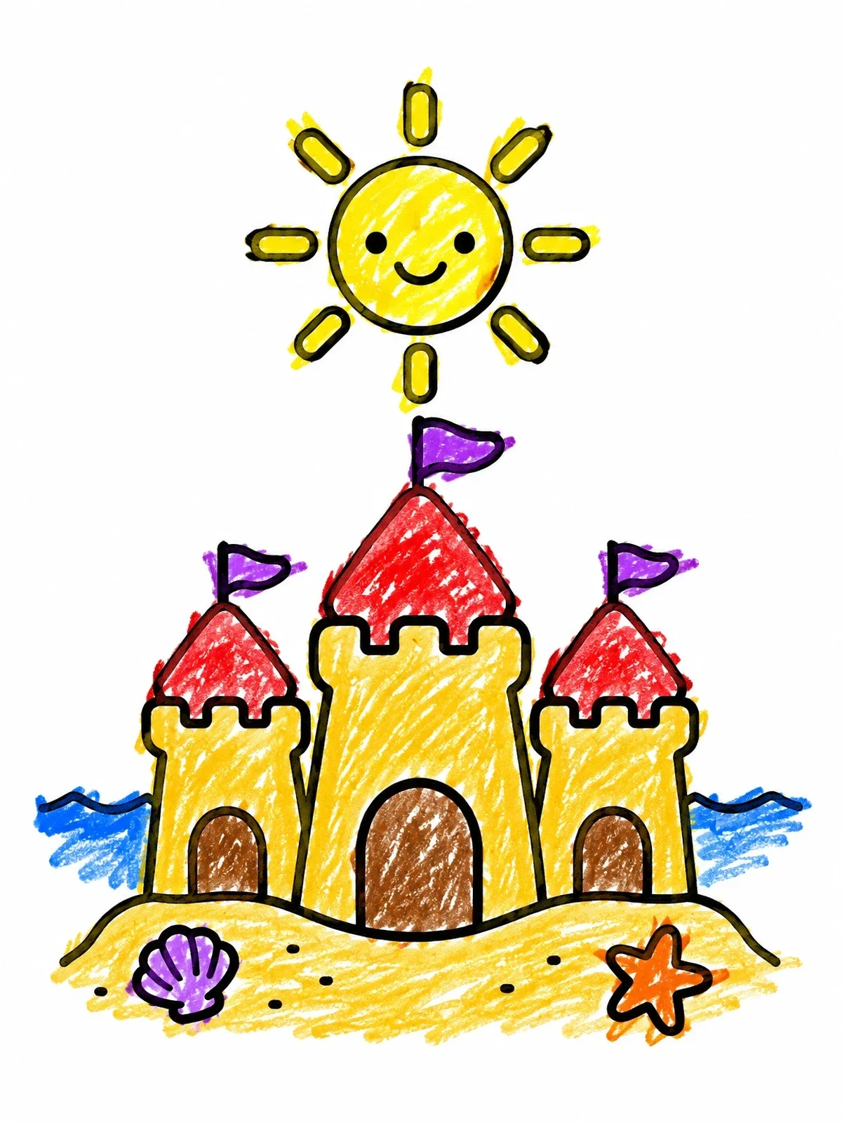 Colored example of the Sunny Day Sandcastle With Seashells coloring page