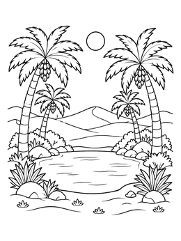 Free printable Sunny Desert Oasis With Palm Trees coloring page
