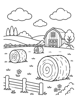 Free printable Sunny Farm With Round Hay Bales coloring page