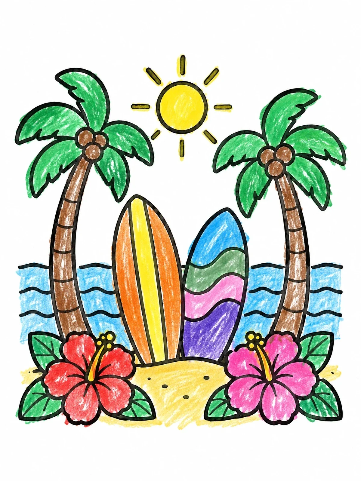Colored example of the Sunny Hawaii Beach And Surfboards coloring page