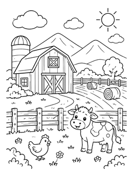 Free printable Sunny Heartland Farm With Cow And Barn coloring page