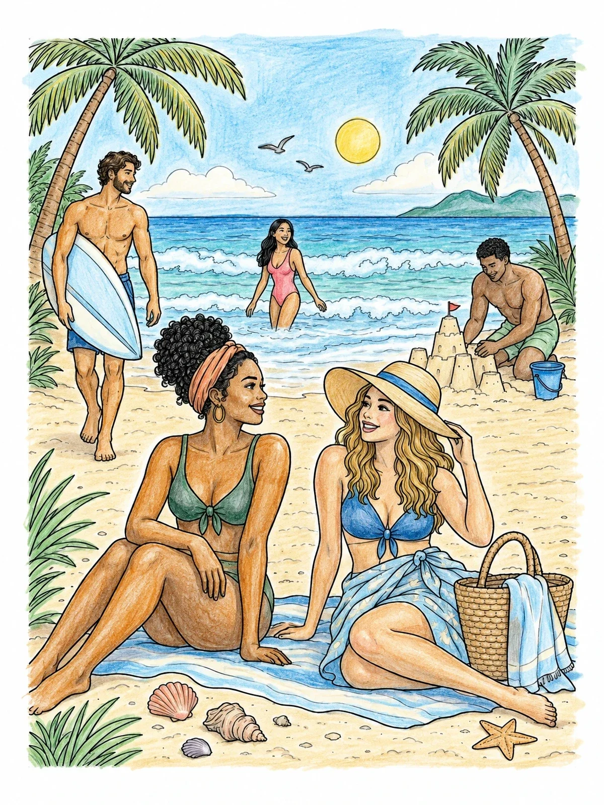 Colored example of the Sunny June Beach Day Gathering coloring page