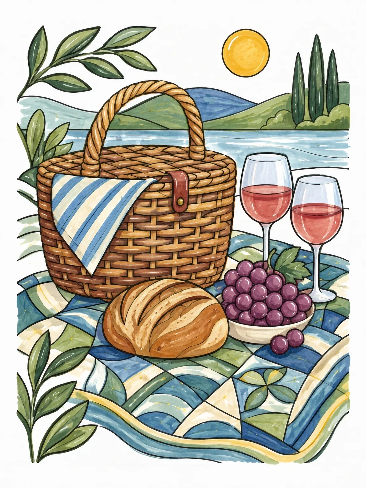 Colored example of the Sunny June Picnic Spread coloring page