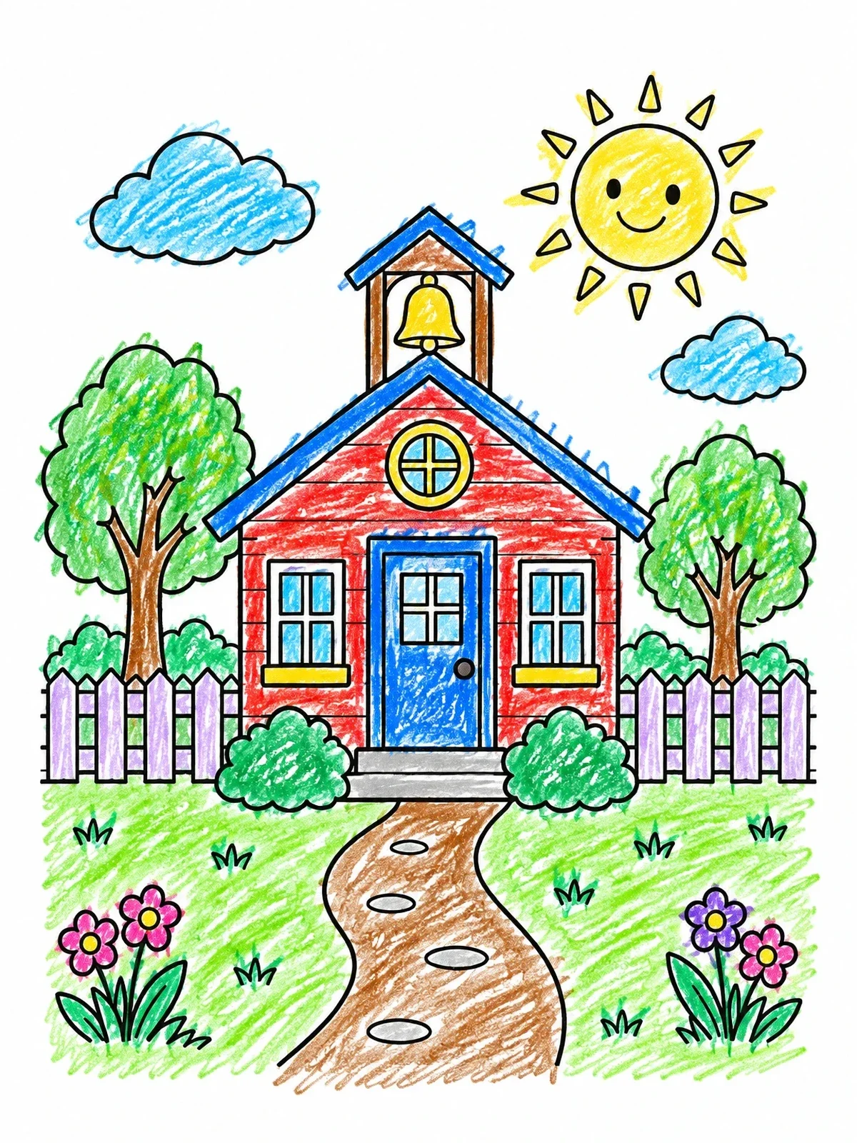 Colored example of the Sunny Little Schoolhouse With Bell coloring page