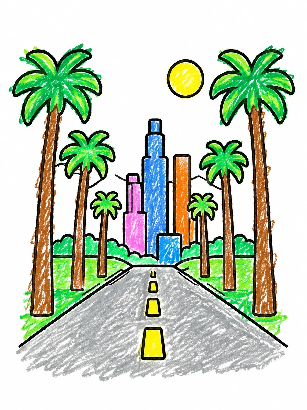 Colored example of the Sunny Los Angeles Palm Tree Road coloring page