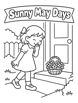 A cheerful girl delivers flowers on a doorstep in this sunny may coloring page.