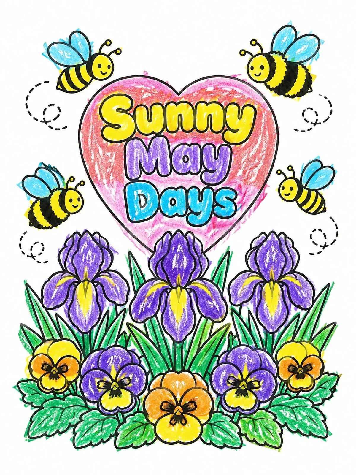 Colored example of the Sunny May Days With Bees And Flowers coloring page