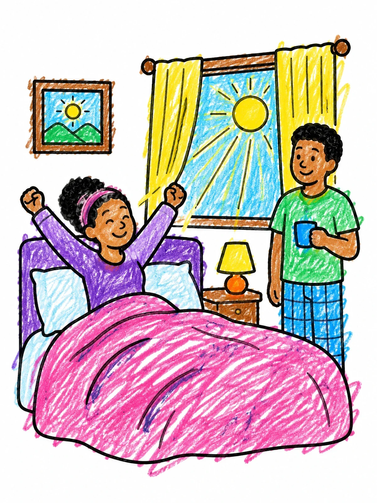 Colored example of the Sunny Morning Wake Up In Bedroom coloring page