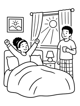 Free printable Sunny Morning Wake Up In Bedroom coloring page