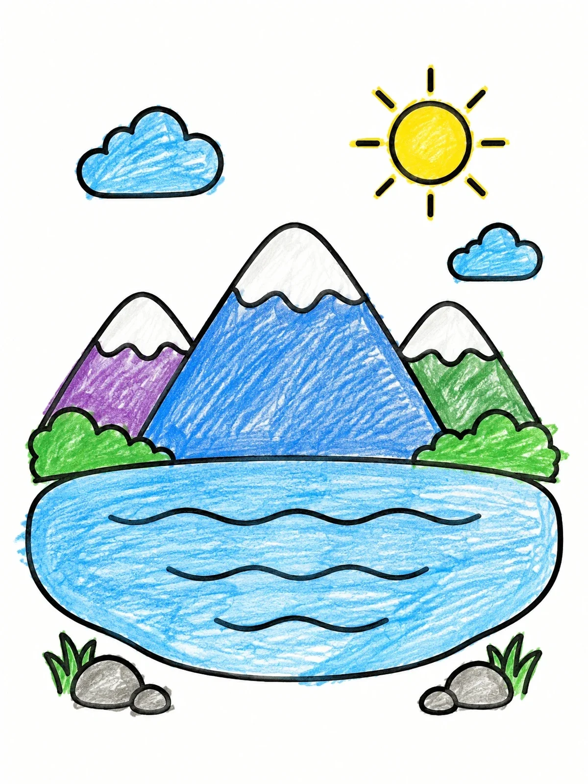 Colored example of the Sunny Mountain Lake Landscape coloring page