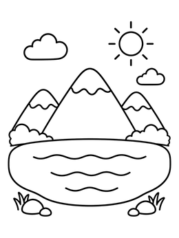 Free printable Sunny Mountain Lake Landscape coloring page