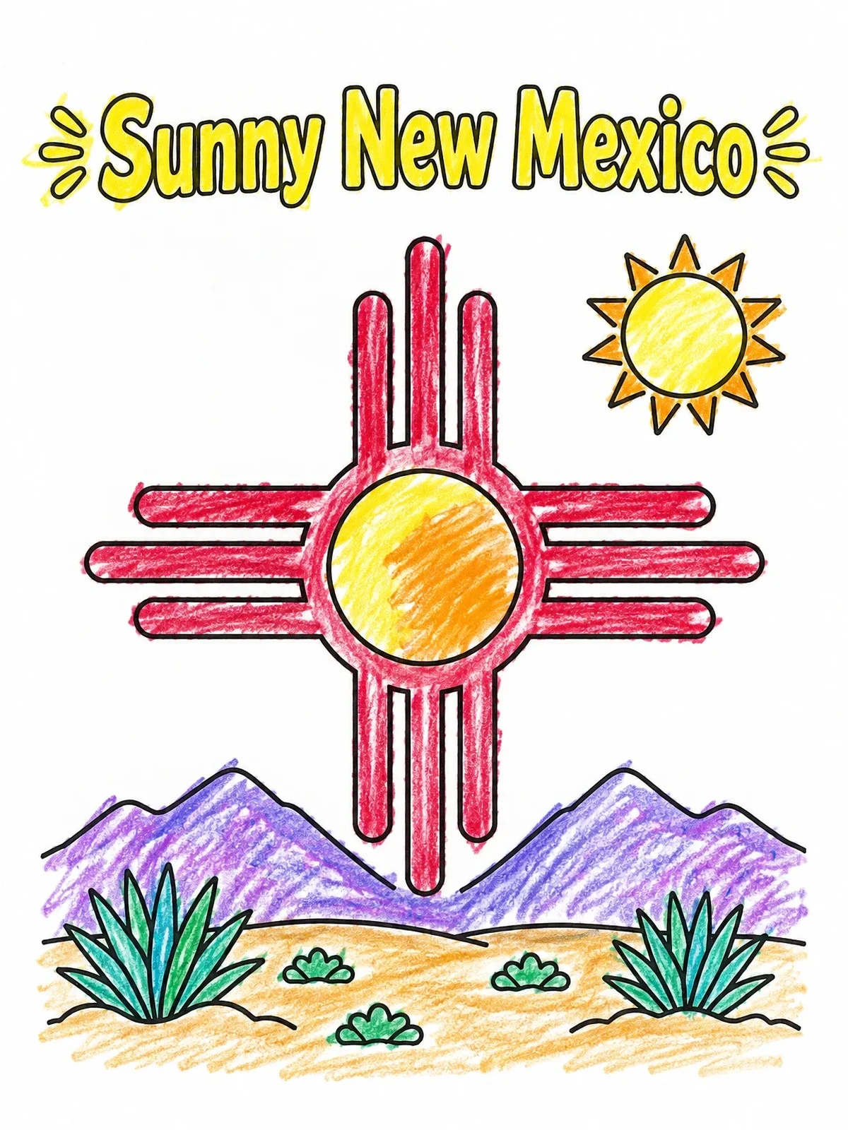 Colored example of the Sunny New Mexico Zia Sun coloring page