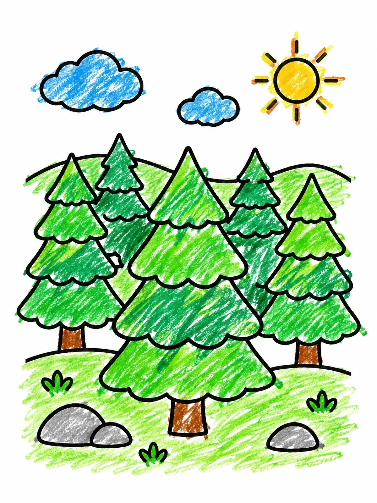Colored example of the Sunny Pine Forest Landscape coloring page