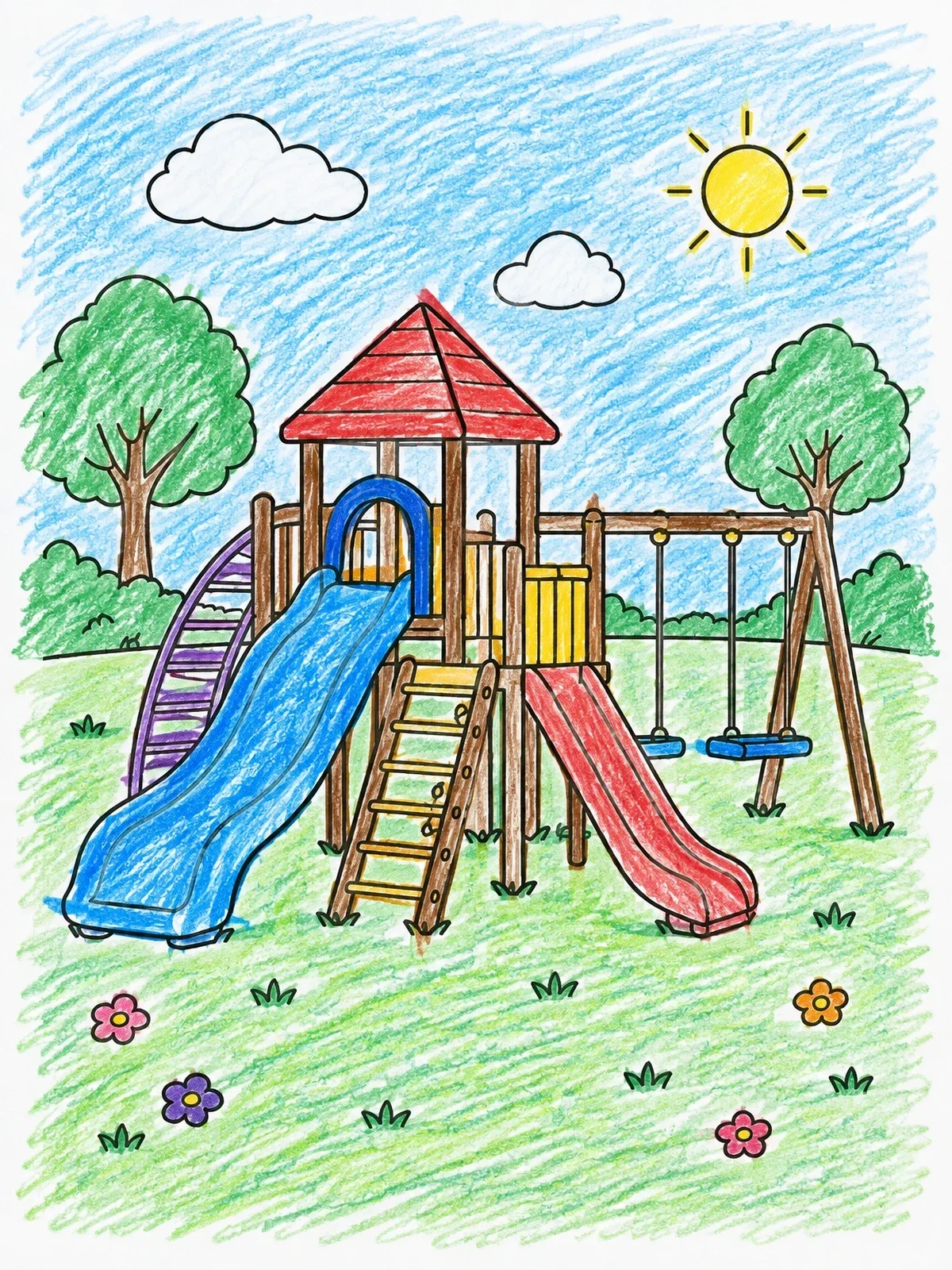 Colored example of the Sunny Playground With Slides And Swings coloring page