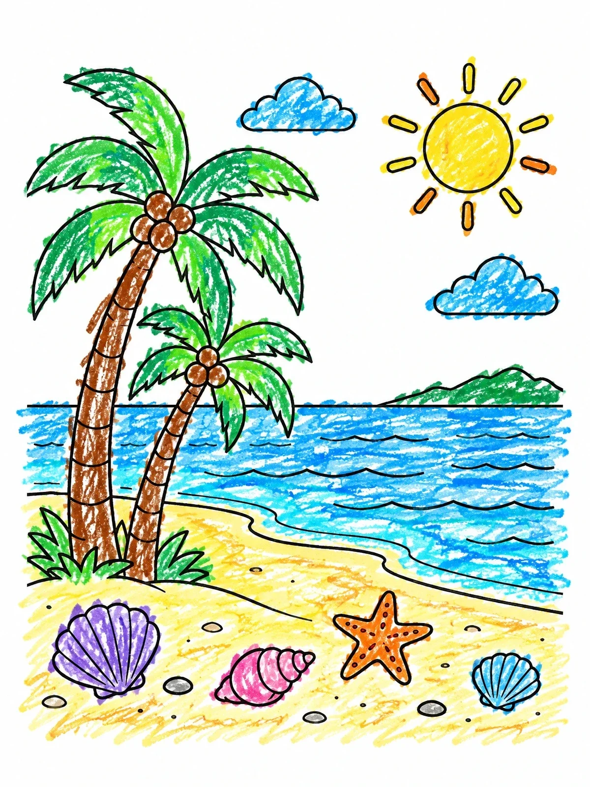 Colored example of the Sunny Tropical Beach With Palm Trees coloring page
