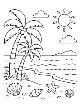 Free printable Sunny Tropical Beach With Palm Trees coloring page