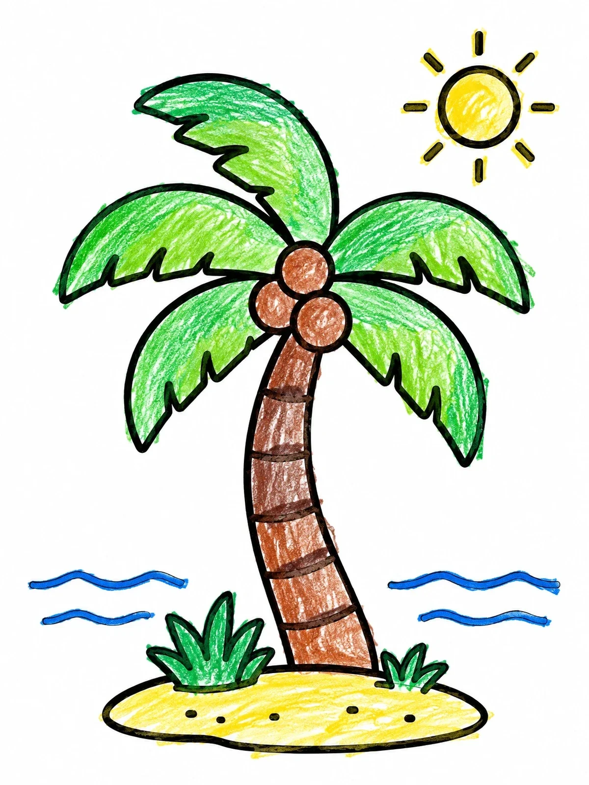 Colored example of the Sunny Tropical Palm Tree Island coloring page