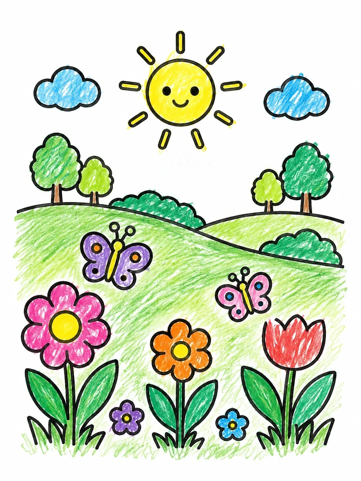 Colored example of the Sunny Wildflower Meadow And Butterflies coloring page