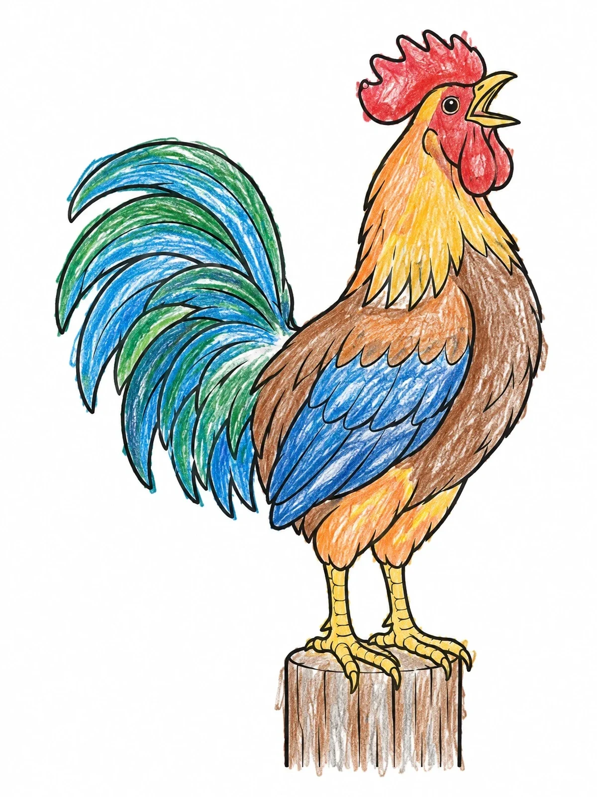 Colored example of the Crowing Rooster On A Wooden Post coloring page