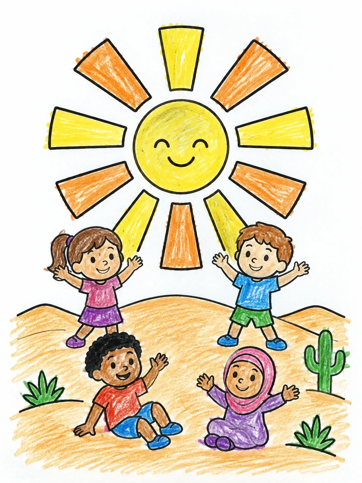 Colored example of the Happy Children Welcoming The Morning Sun coloring page