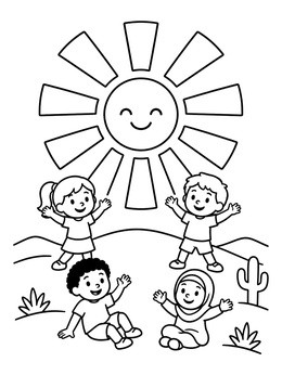 Free printable Happy Children Welcoming The Morning Sun coloring page