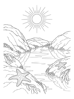 A peaceful sunrise coloring page featuring sea stars on rocky shores by calm water.