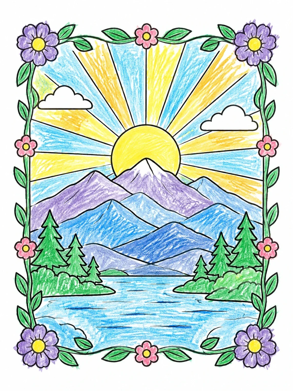 Colored example of the Sunrise Over Mountain Lake coloring page