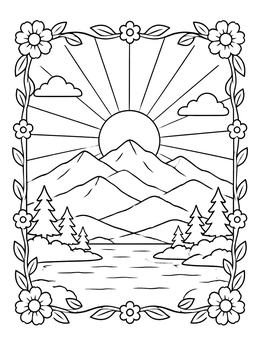 Free printable Sunrise Over Mountain Lake coloring page