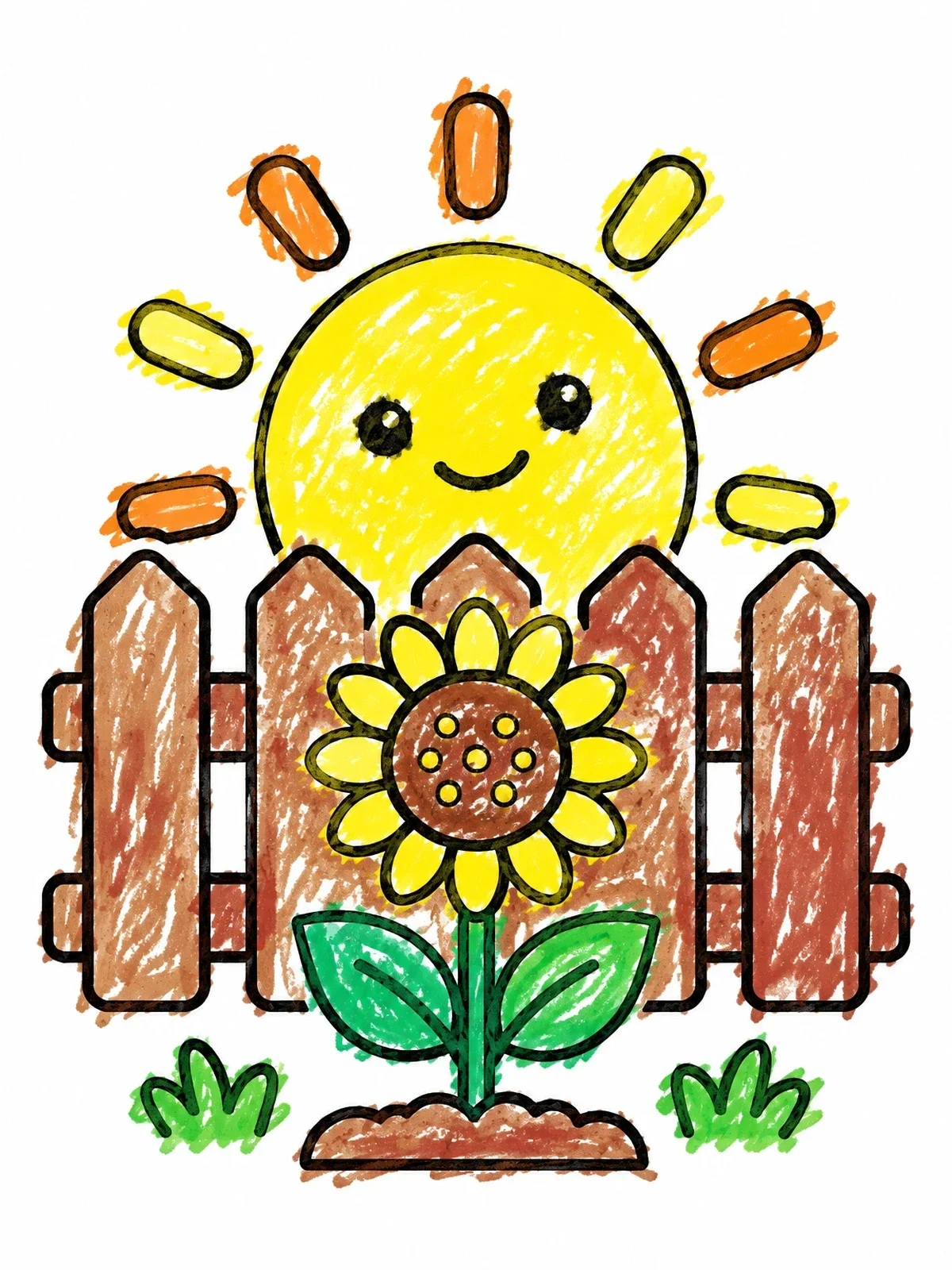 Colored example of the Smiling Sun And Garden Sunflower coloring page