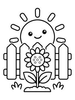 Free printable Smiling Sun And Garden Sunflower coloring page